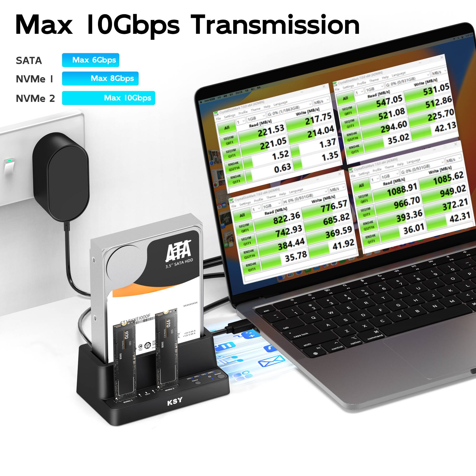 Maiwo Triple Bay HDD Clone-kabinett for 2× SSD NVMe M.2 og 1× SATA HDD