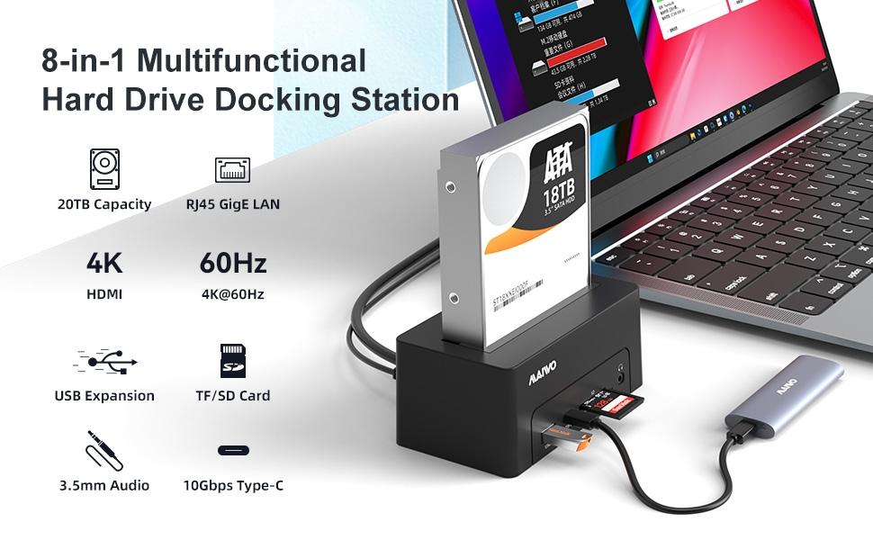 Maiwo USB-C-dokkingstasjon 2,5"/3,5" 2x SATA HDD SSD & SD/TF-minnekort, HDMI2.0 4K60Hz RJ45 GigaLan USB-A & USB-C 10Gbps