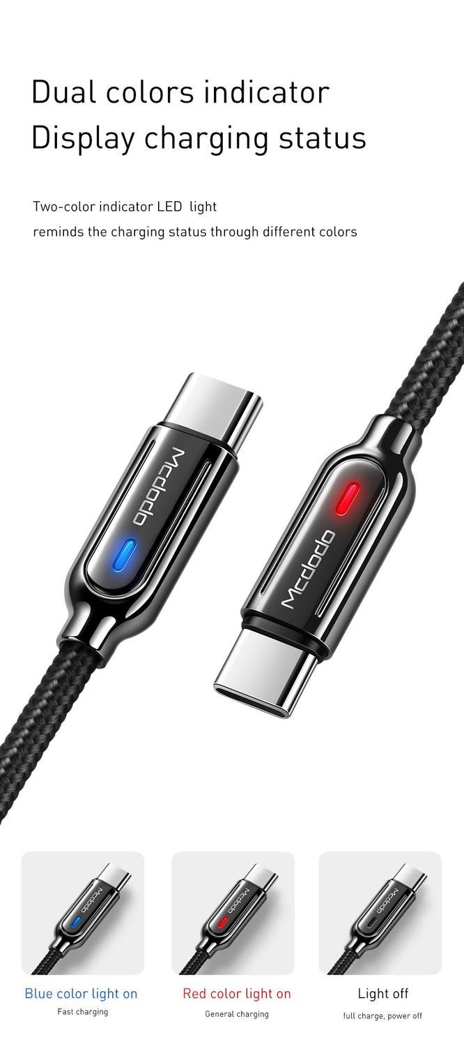 McDodo CA-6190 USB C Til USB A kabel for synkronisering og rask lading, LED-indikator, Ladning fullføres automatisk når ladingen er fullført, svart 1m