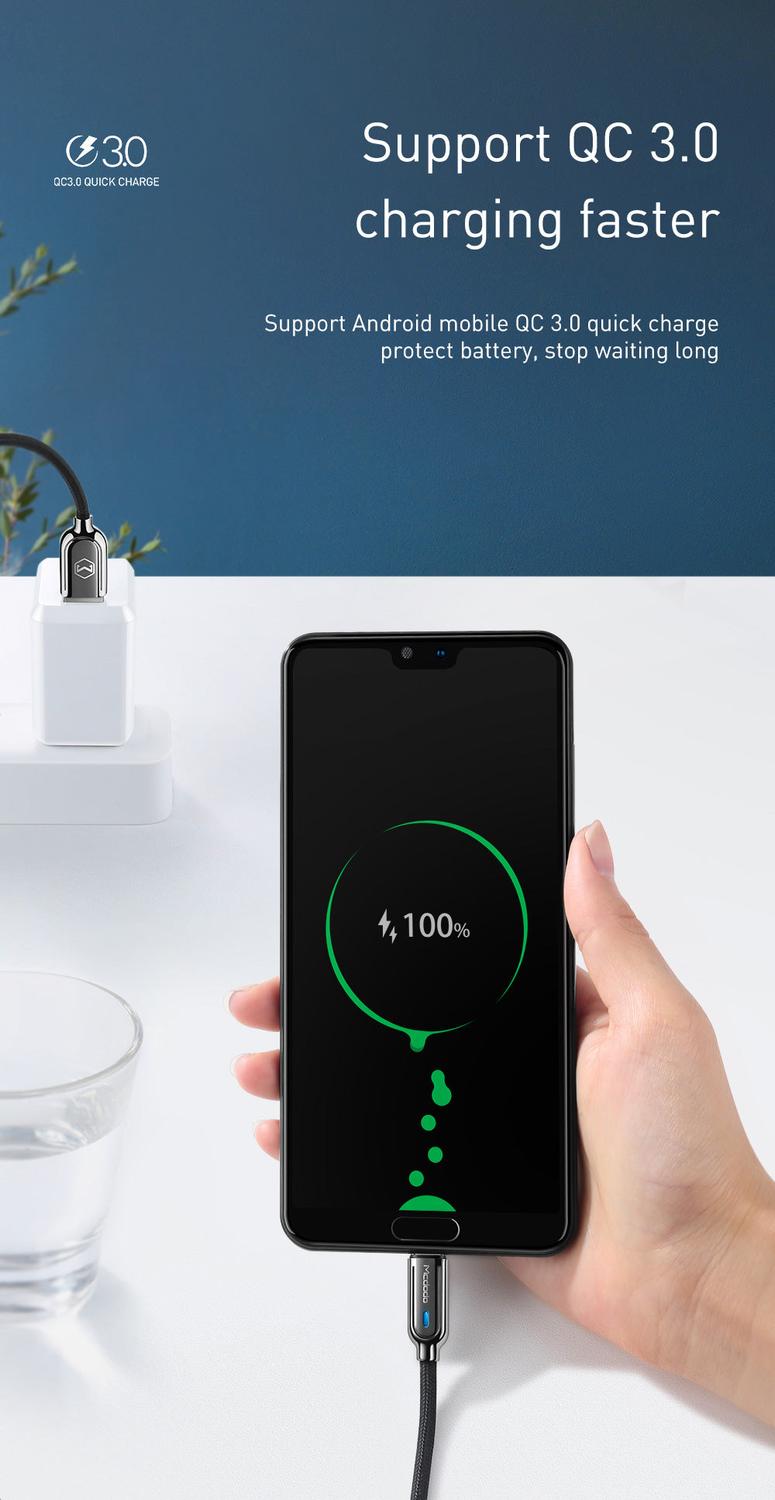 McDodo CA-6190 USB C Til USB A kabel for synkronisering og rask lading, LED-indikator, Ladning fullføres automatisk når ladingen er fullført, svart 1m