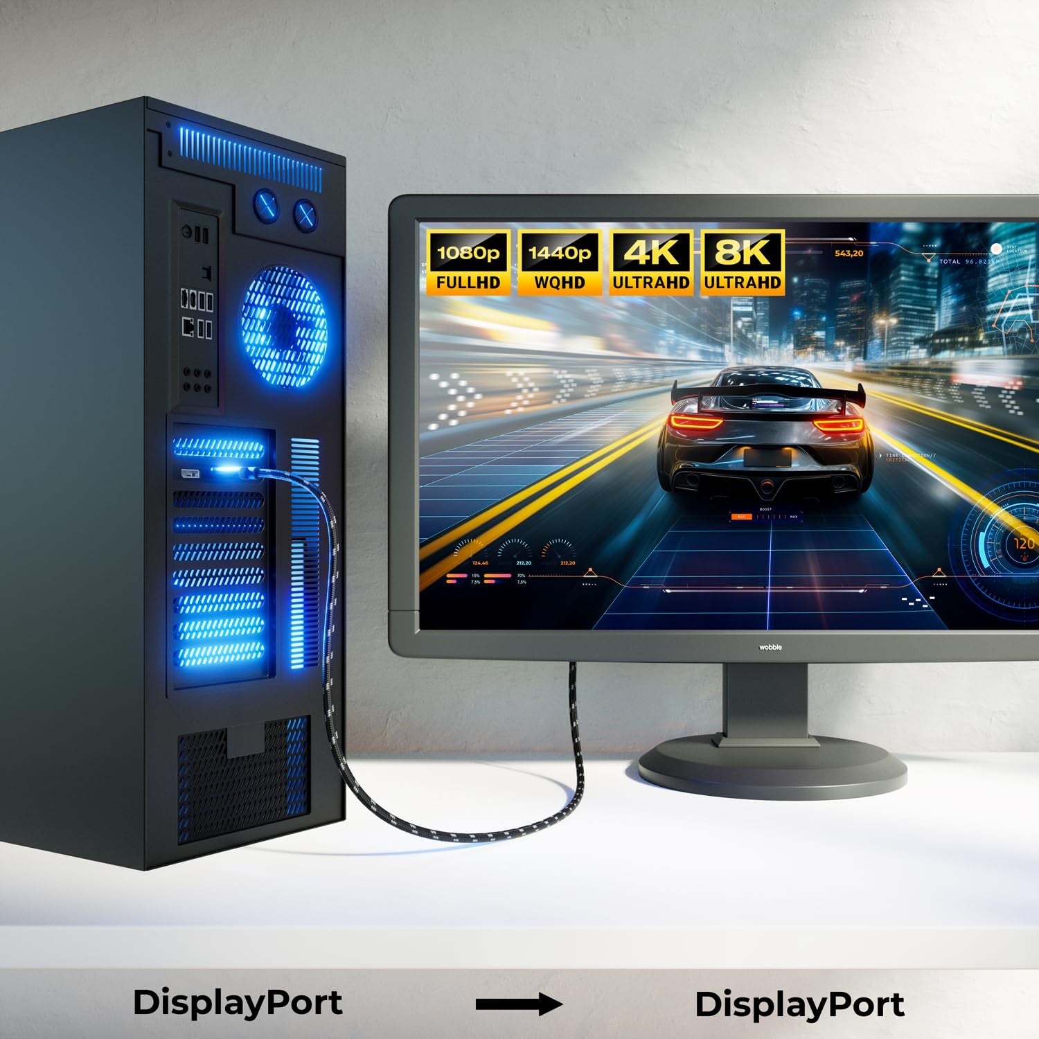 NORDIC-SERTIFISERT KABLER 1m nylonflettet Displayportkabel 1,4 UHD 8K60Hz 4K144Hz HBR3 32,4Gbps 10-bit HDR