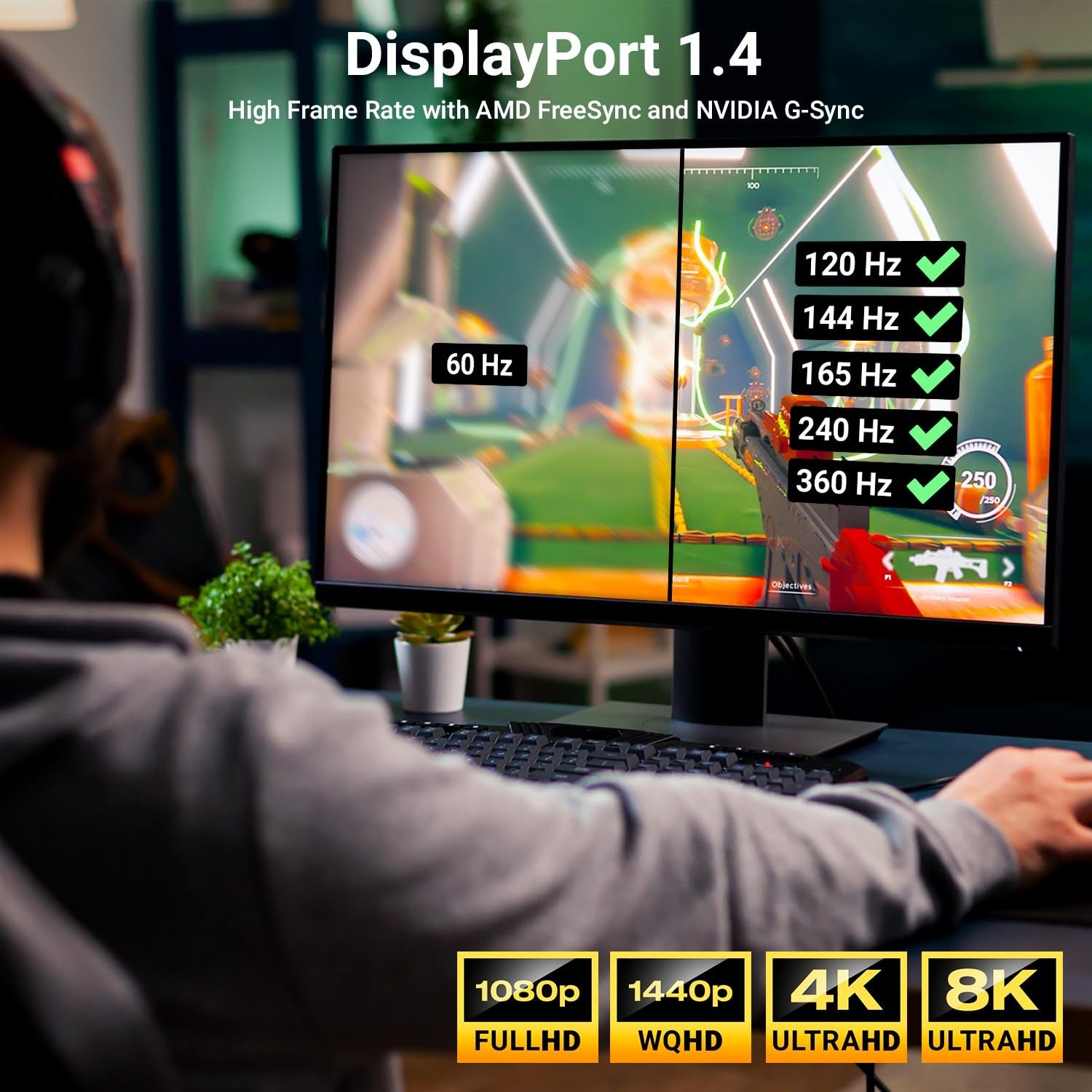 NORDIC-SERTIFISERT KABLER 2m nylonflettet Displayportkabel 1,4 UHD 8K60Hz 4K144Hz HBR3 32,4Gbps 10-bit HDR
