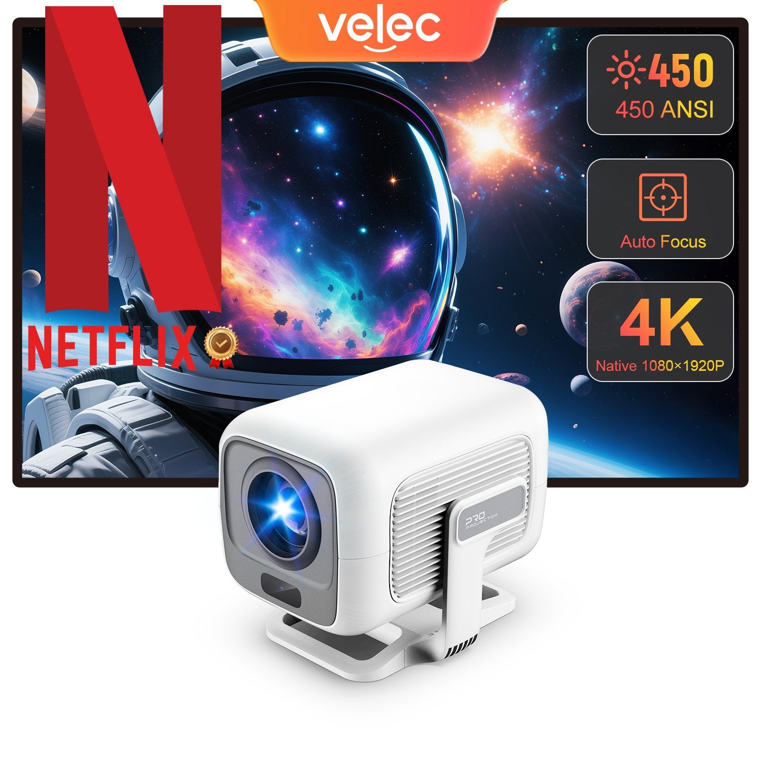 NÖRDIC 1080P Projektor Netflix-sertifisert 200 ANSI lumen 2.4/5G WiFi 6 støtte for iOS/Android