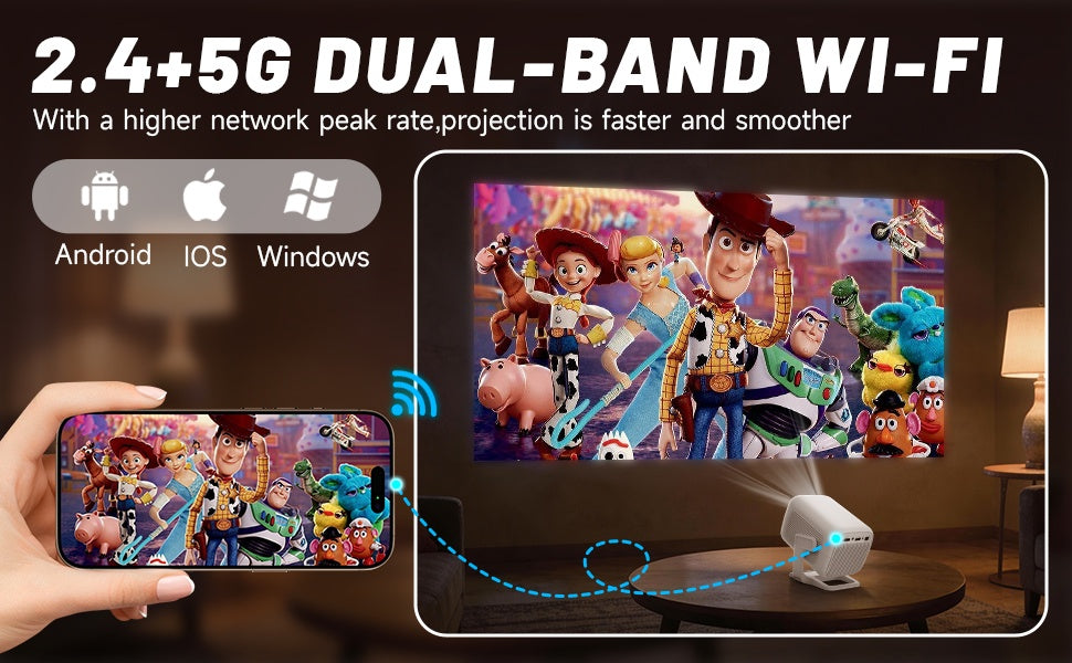 NÖRDIC 1080P Projektor Netflix-sertifisert 200 ANSI lumen 2.4/5G WiFi 6 støtte for iOS/Android