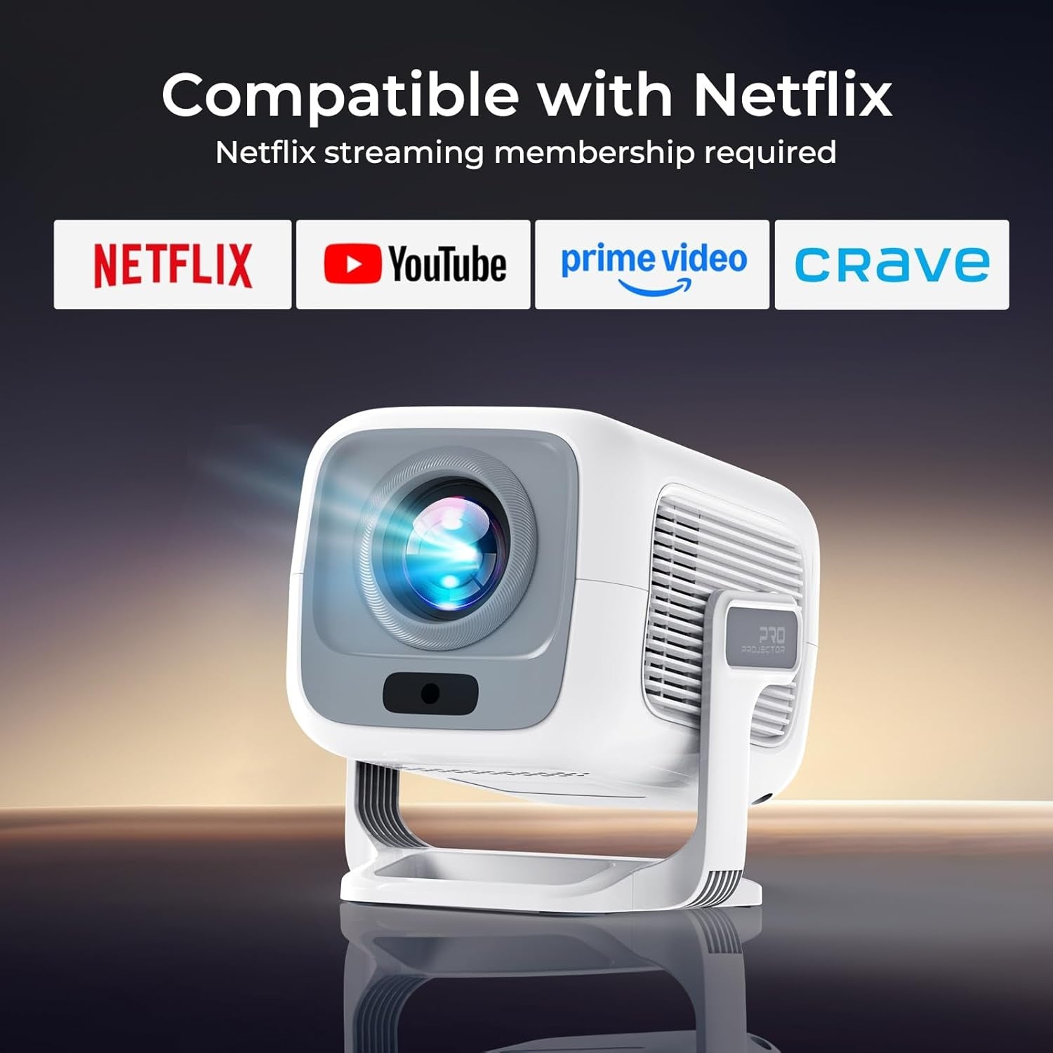 NÖRDIC 1080P Projektor Netflix-sertifisert 200 ANSI lumen 2.4/5G WiFi 6 støtte for iOS/Android