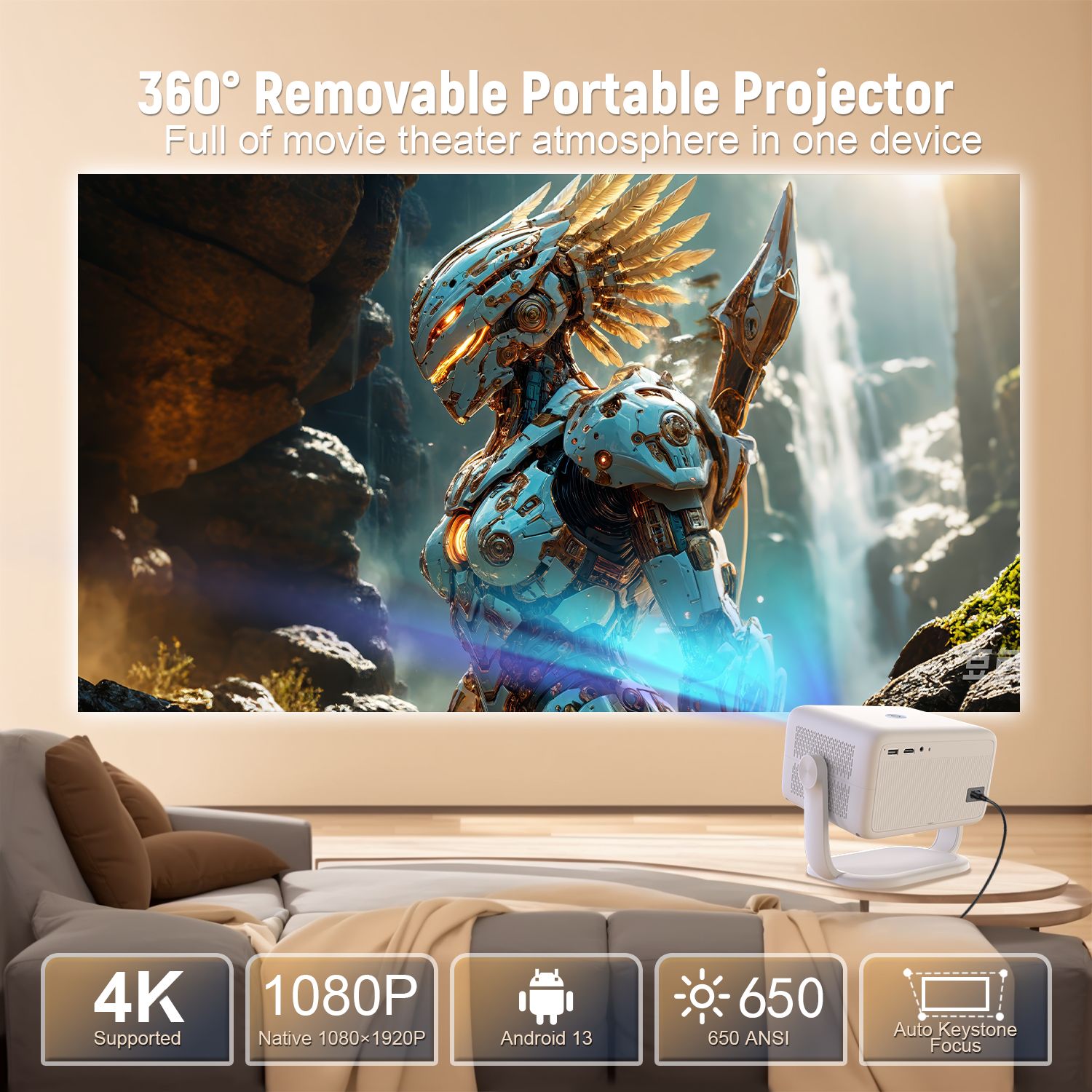 NÖRDIC 1080P Projektor Netflix-sertifisert 320 ANSI lumen 2.4/5G WiFi 6 støtte for iOS/Android