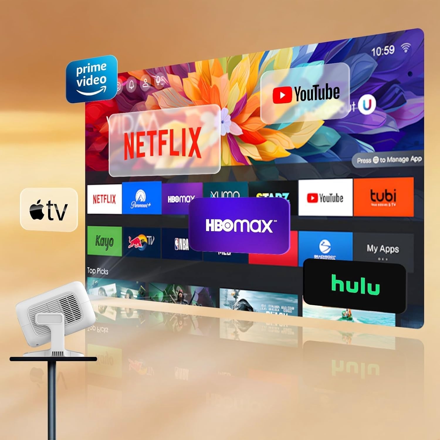 NÖRDIC 1080P Projektor Netflix-sertifisert 200 ANSI lumen 2.4/5G WiFi 6 støtte for iOS/Android