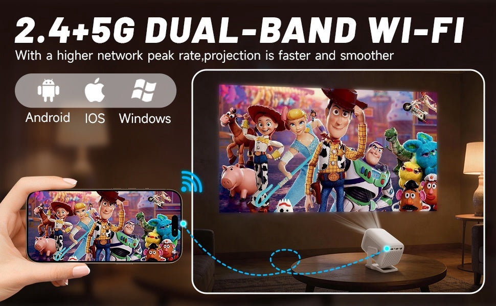 NÖRDIC 1080P Projektor Netflix-sertifisert 200 ANSI lumen 2.4/5G WiFi 6 støtte for iOS/Android