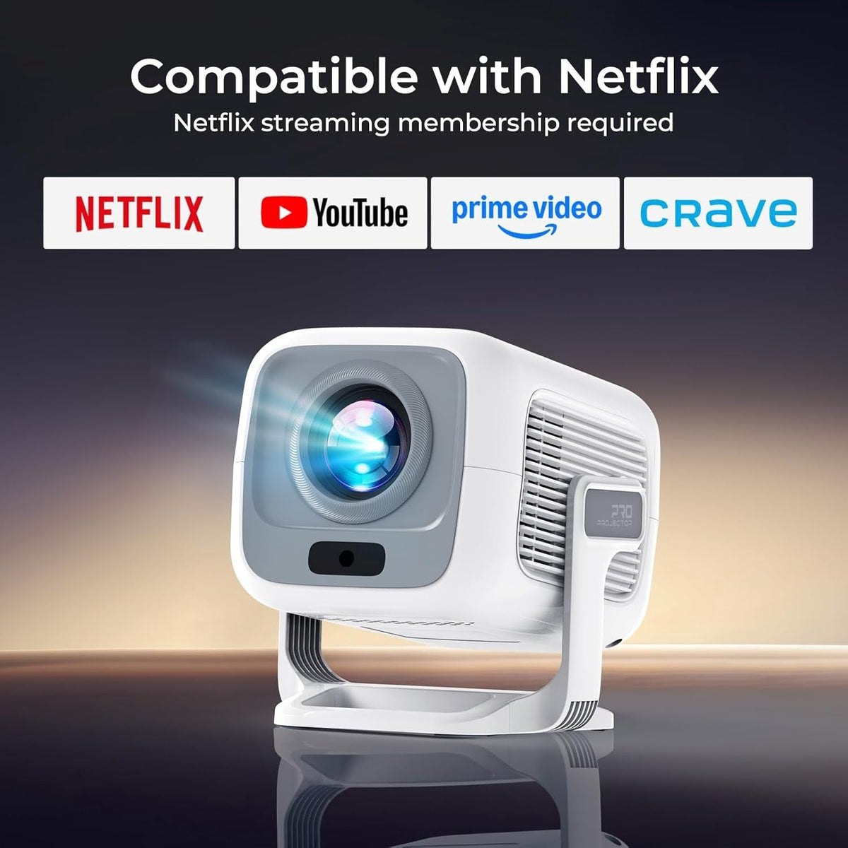 NÖRDIC 1080P Projektor Netflix-sertifisert 200 ANSI lumen 2.4/5G WiFi 6 støtte for iOS/Android