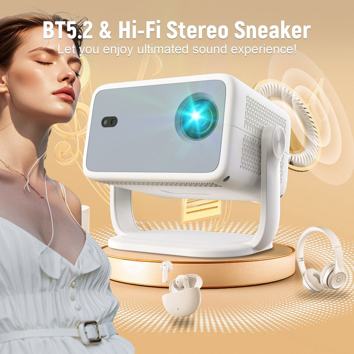 NÖRDIC 1080P Projektor Netflix-sertifisert 320 ANSI lumen 2.4/5G WiFi 6 støtte for iOS/Android