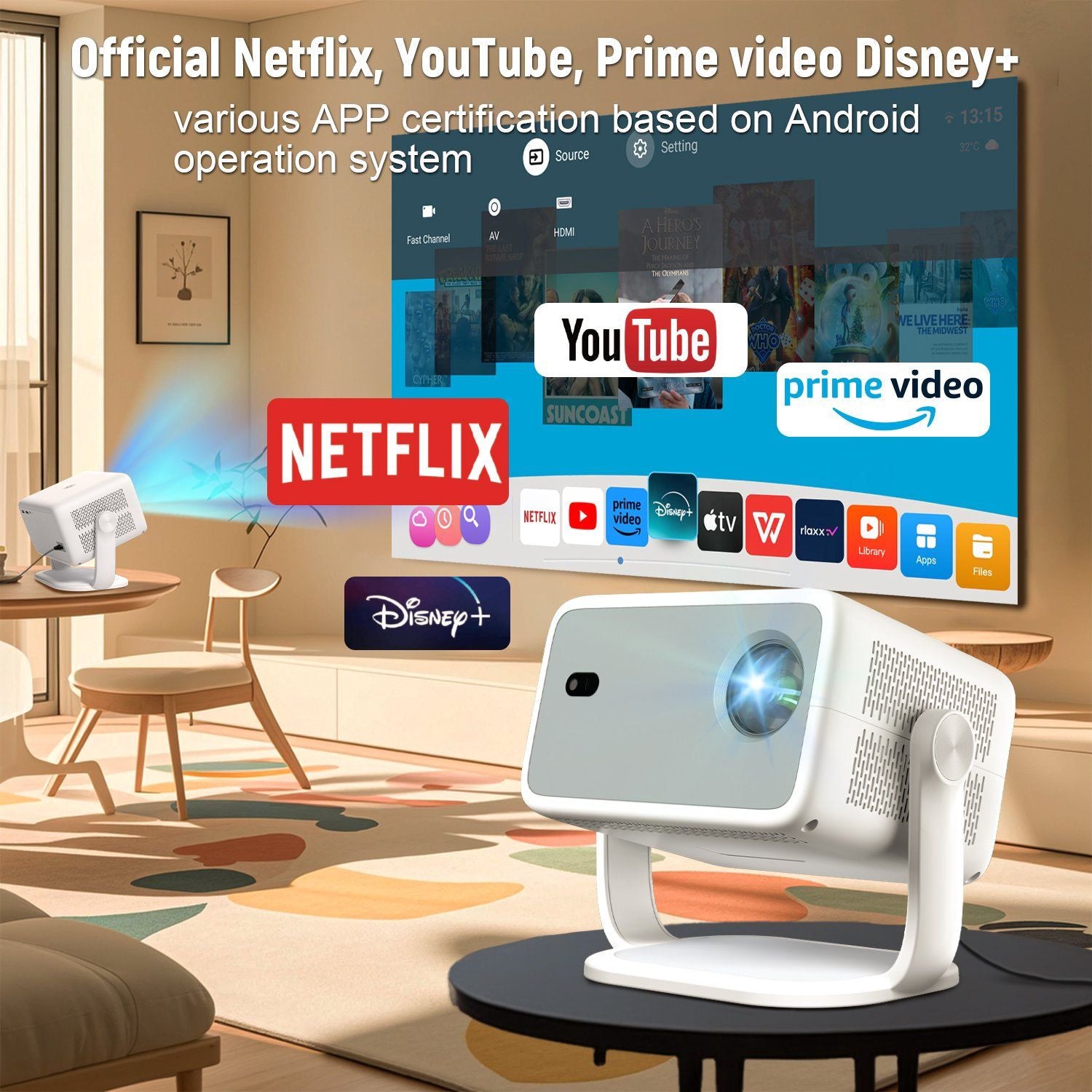 NÖRDIC 1080P Projektor Netflix-sertifisert 320 ANSI lumen 2.4/5G WiFi 6 støtte for iOS/Android