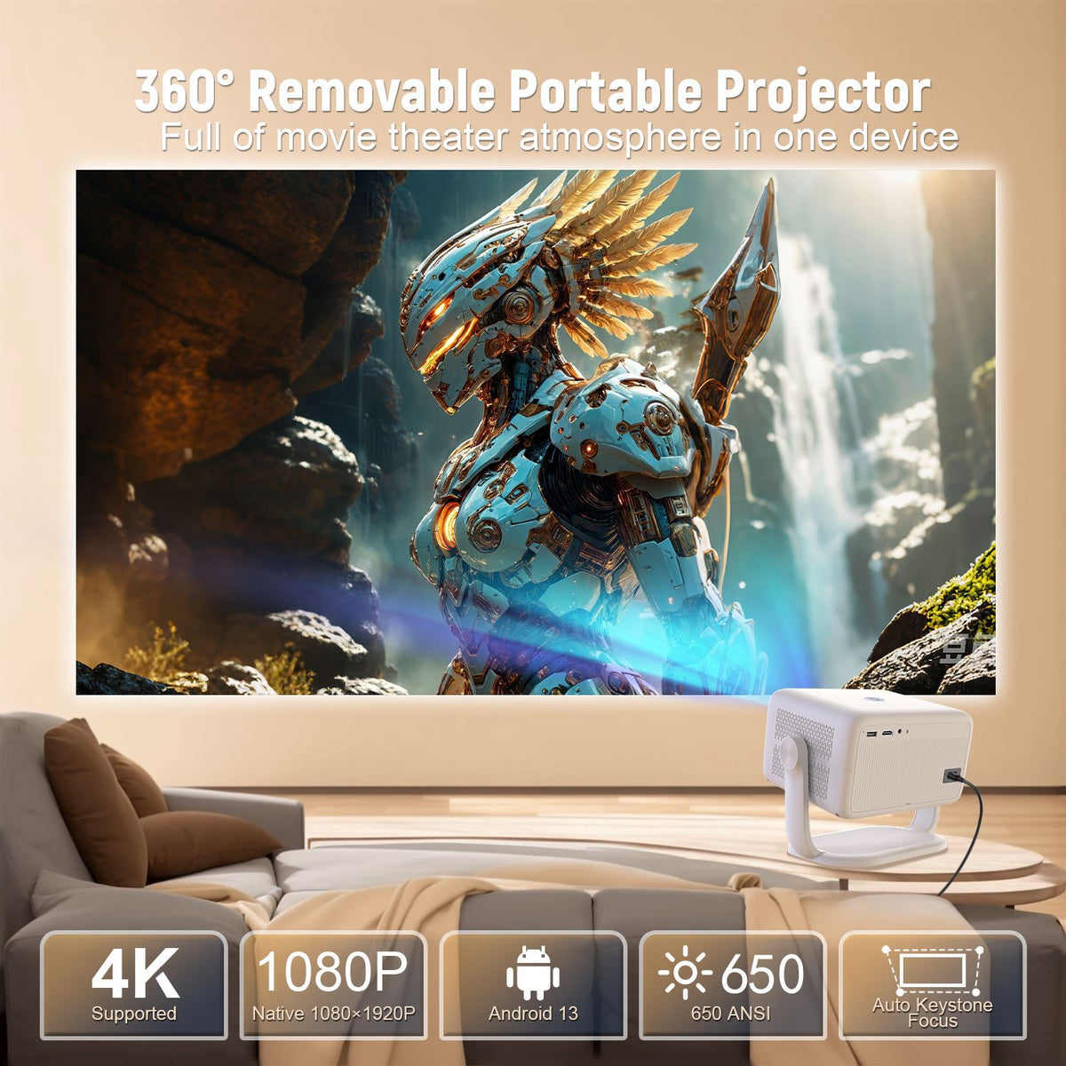 NÖRDIC 1080P Projektor Netflix-sertifisert 320 ANSI lumen 2.4/5G WiFi 6 støtte for iOS/Android