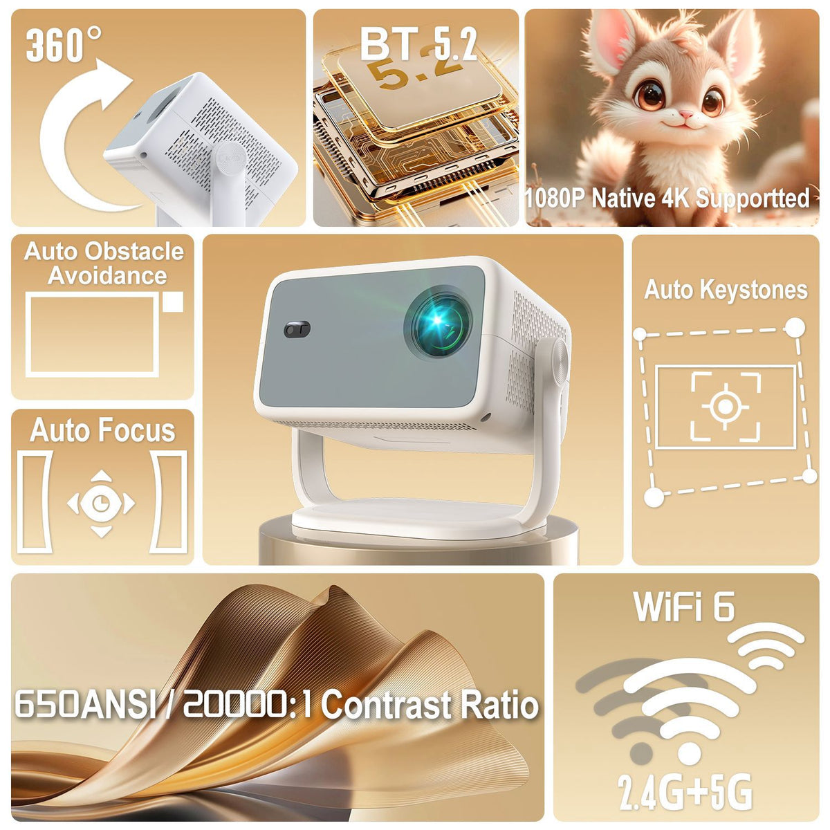 NÖRDIC 1080P Projektor Netflix-sertifisert 320 ANSI lumen 2.4/5G WiFi 6 støtte for iOS/Android