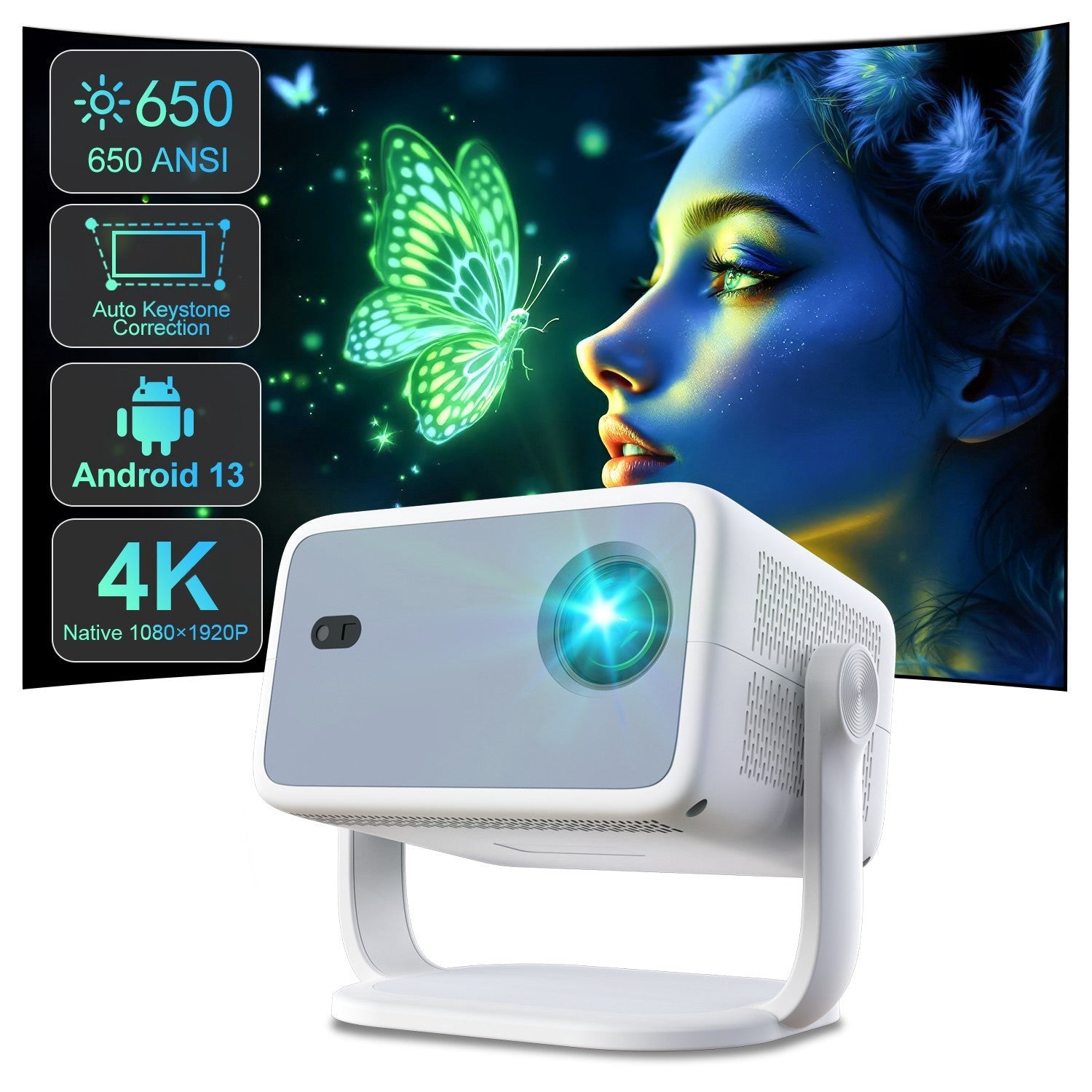 NÖRDIC 1080P Projektor Netflix-sertifisert 320 ANSI lumen 2.4/5G WiFi 6 støtte for iOS/Android