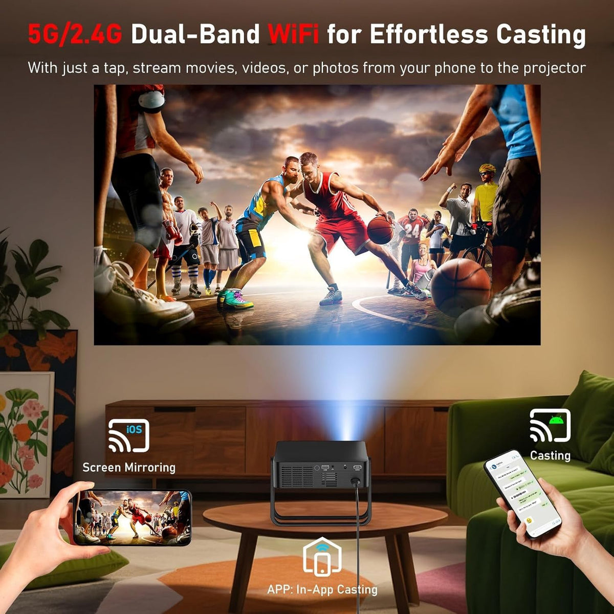 NÖRDIC 1080P Projektor Sertifisert for Netflix, Prime Video, Disney+ og YouTube, 300 ANSI lumen, 2.4/5G WiFi 6-støtte for iOS/Android