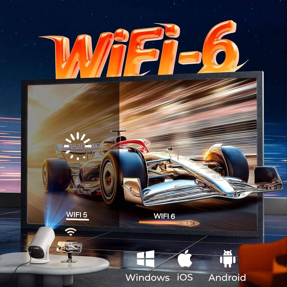 NÖRDIC 1080P Projektor Sertifisert for Netflix, Prime Video, Disney+ og YouTube, 300 ANSI lumen, 2.4/5G WiFi 6-støtte for iOS/Android