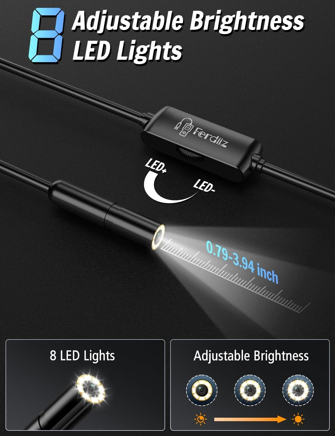 NÖRDIC 10m 1920x1440p HD-endoskopkamera med lys, IP67 vanntett inspeksjonskamera for iOS & Android, Plug & Play