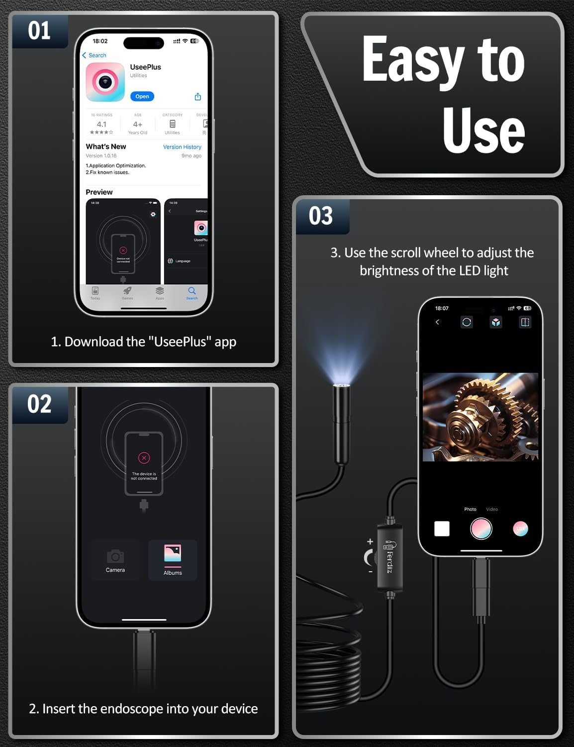 NÖRDIC 10m 1920x1440p HD-endoskopkamera med lys, IP67 vanntett inspeksjonskamera for iOS & Android, Plug & Play