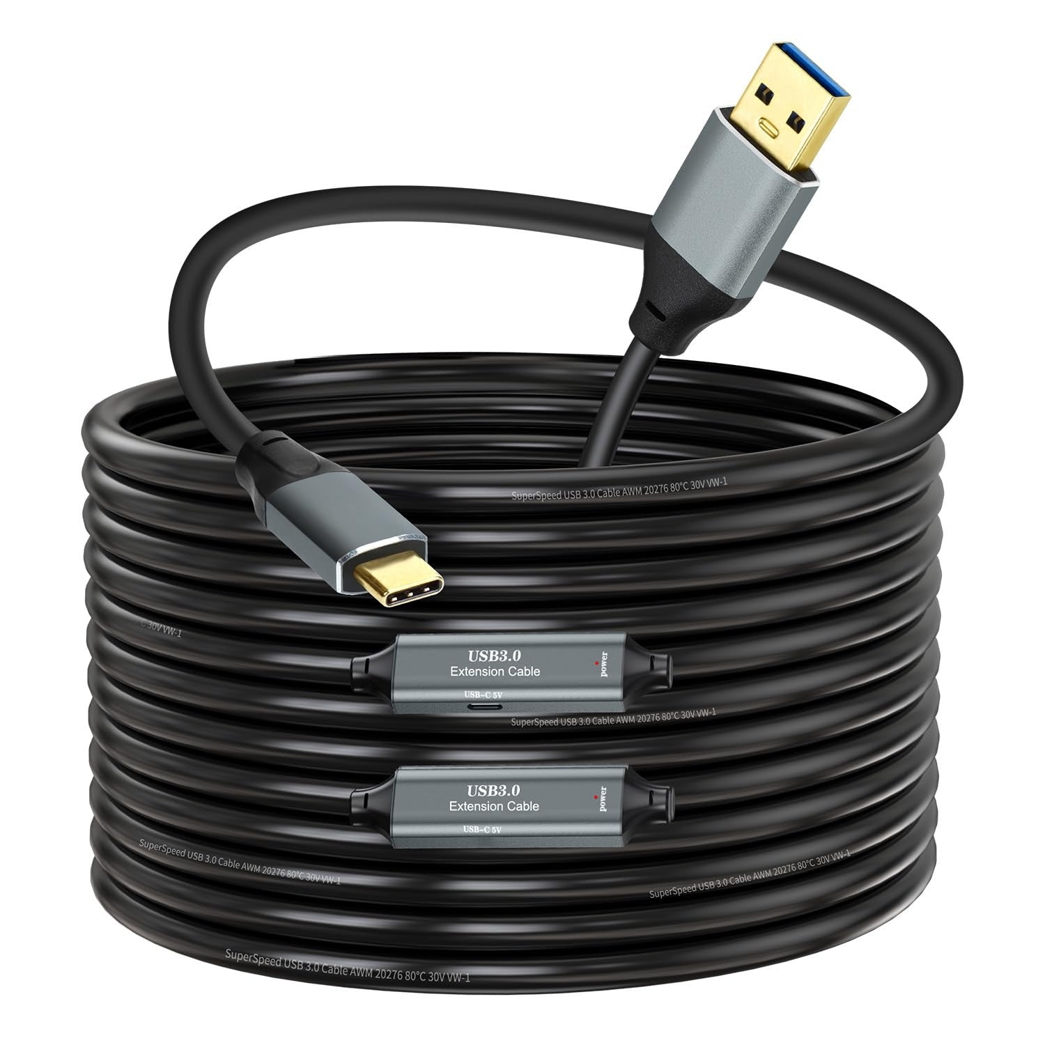 NÖRDIC 15m Aktiv USB 3.0 A til C Kabel, 5Gbps Super Speed USB-kabel Kompatibel med VR, Kamera, Dokkingstasjon og mer