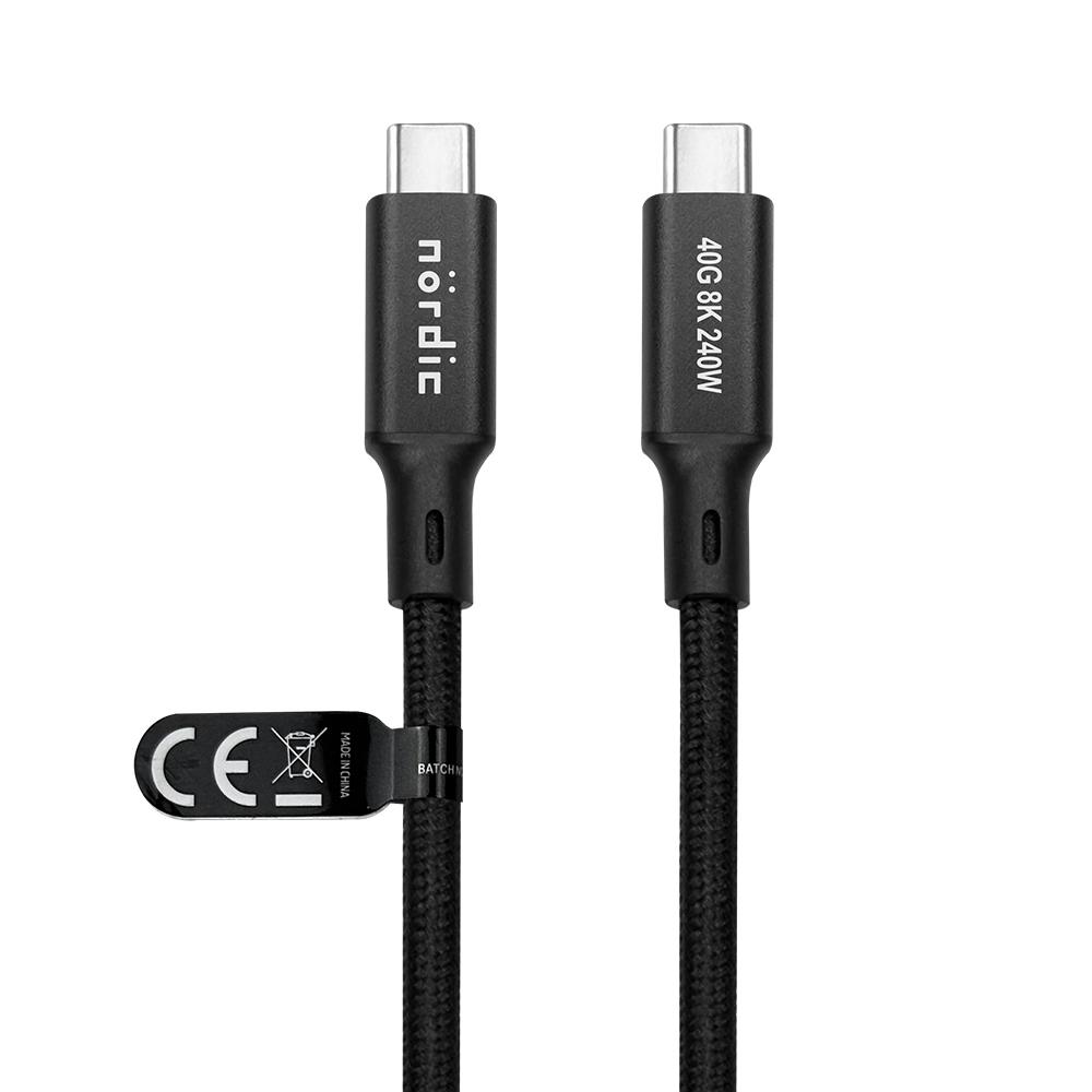 NÖRDIC 1,5 m USB4 USB-C til C nylonflettet kabel PD3.1 240W 40G 8K60Hz 4K144Hz Svart