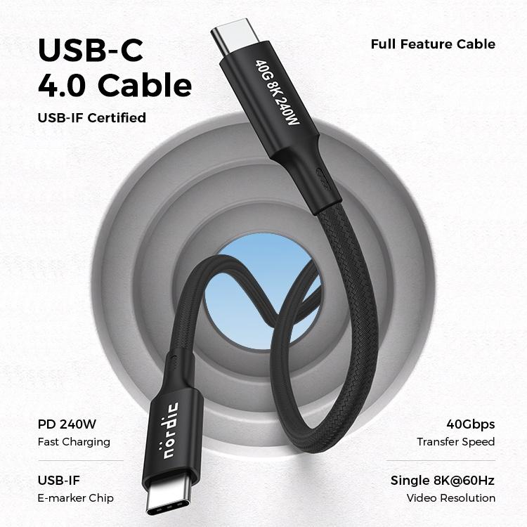 NÖRDIC 1,5 m USB4 USB-C til C nylonflettet kabel PD3.1 240W 40G 8K60Hz 4K144Hz Svart