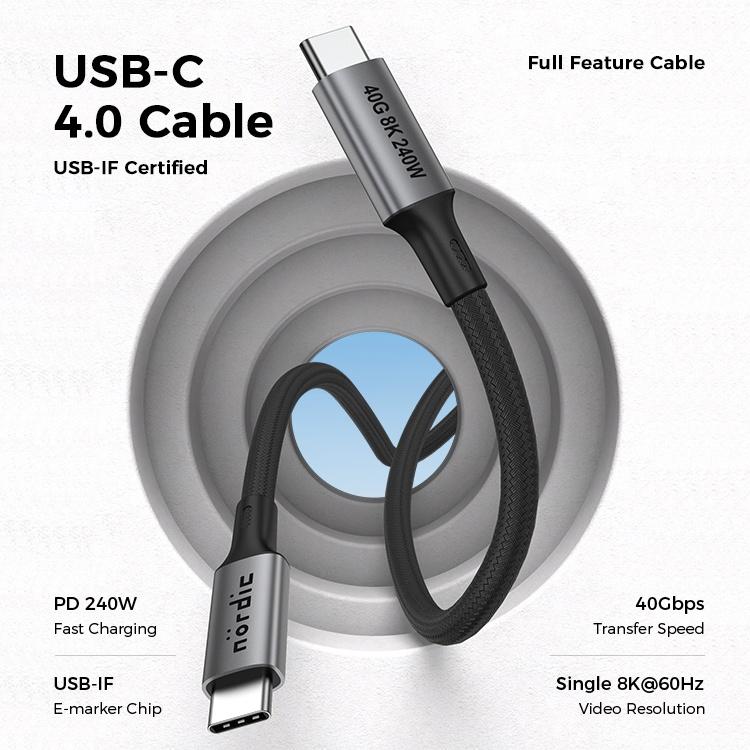 NÖRDIC 1,5 m USB4 USB-C til C nylonflettet kabel PD3.1 240W 40G 8K60Hz 4K144Hz grå