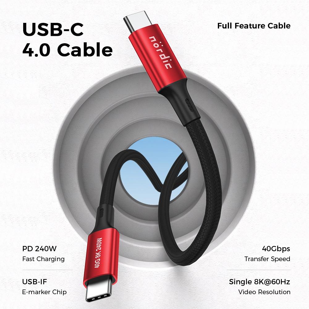 NÖRDIC 1,5 m USB4 USB-C til C nylonflettet kabel PD3.1 240W 40G 8K60Hz 4K144Hz rød