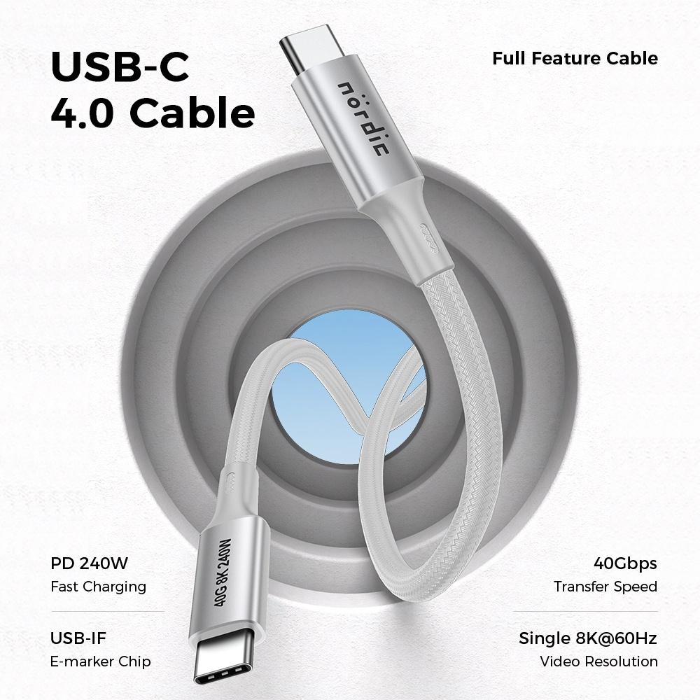 NÖRDIC 1,5m USB4 USB-C til C nylonflettet kabel PD3.1 med 240W hurtiglading 40G 8K60Hz 4K120Hz 5K60Hz 2x4K60Hz Emarker