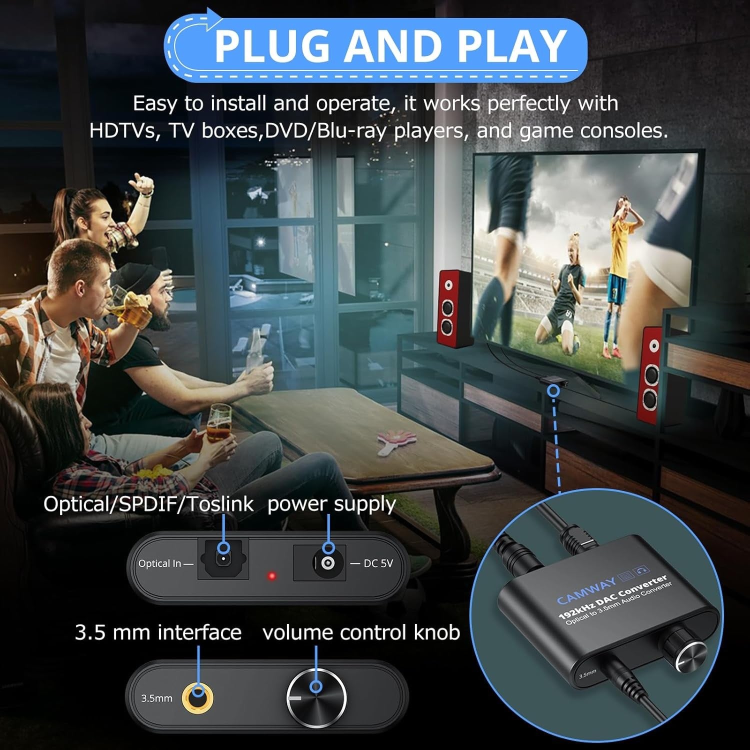 NÖRDIC 192 kHz digital til analog lydkonverter, SPDIF optisk til 3,5 mm adapter med 1 m optisk kabel + 1 m 3,5 mm lydkabel