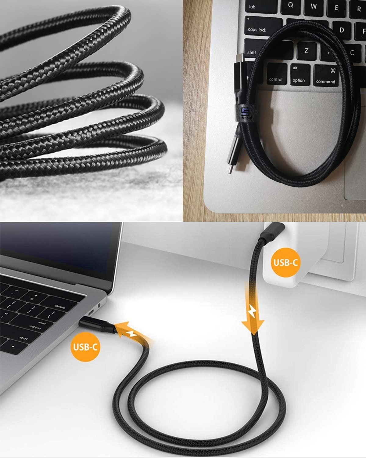 NÖRDIC 1m USB3.2 Gen2 SuperSpeed USB 10Gbps USB-C til C Nylonflettet kabel med strømforsyning 100W, 4K60Hz video og Emarker