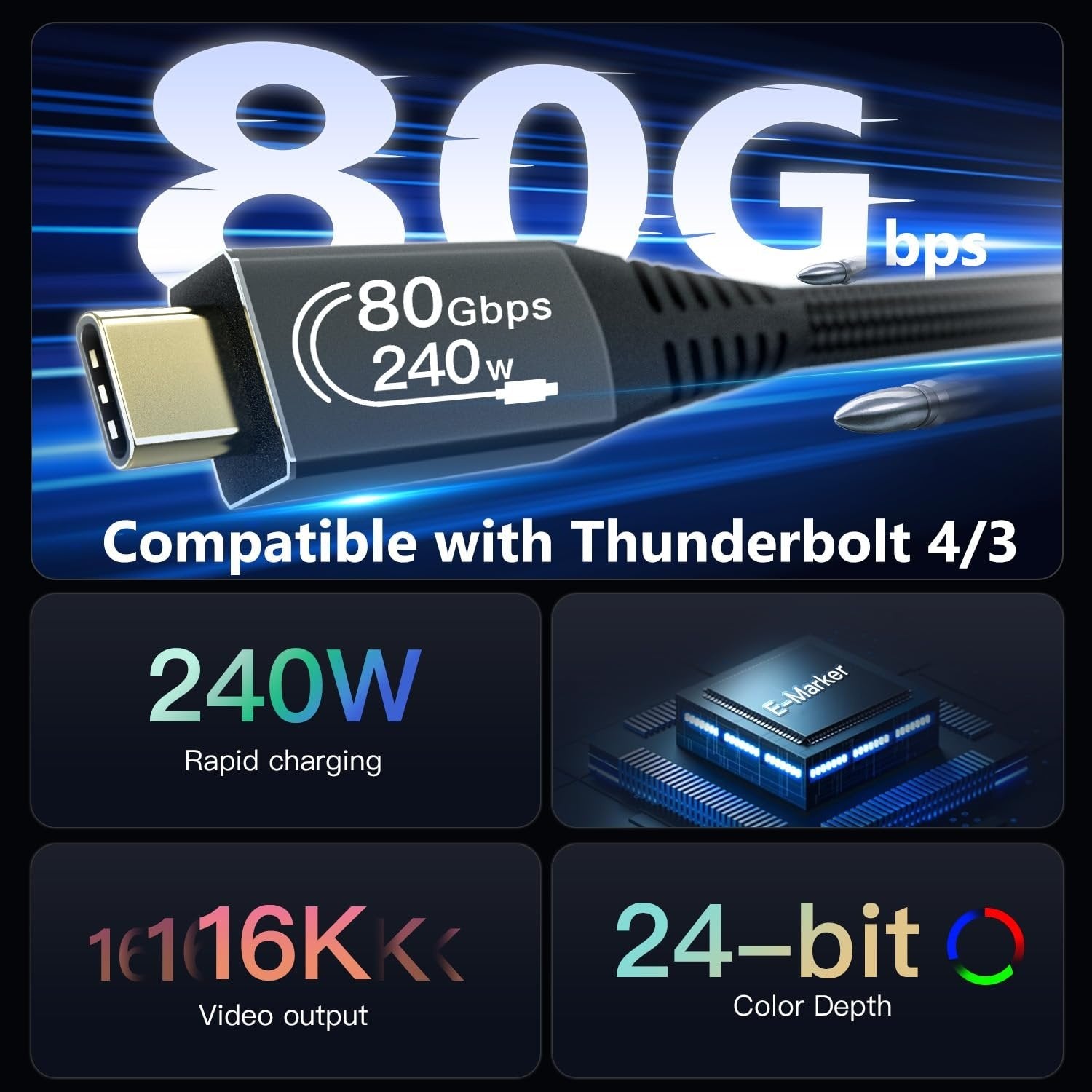 NÖRDIC 1m Thunderbolt 5 cable 80Gbps data transfer 240W Charging 120Gbps bandwith 16K60Hz 8K60Hz 4K540Hz