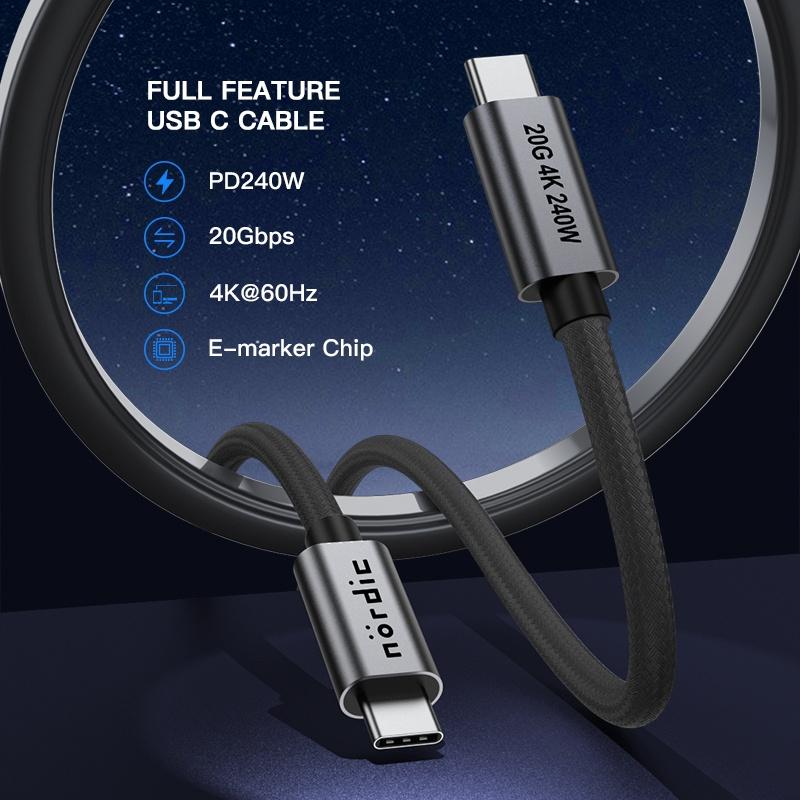 NÖRDIC 1m USB 3.2 Gen 2 USB-C til C nylonflettet kabel PD3.1 240W 20G 4K60Hz grå