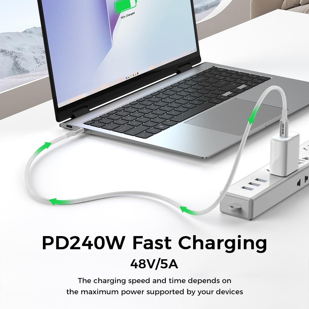 NÖRDIC 1m USB4 USB-C til C nylonflettet kabel PD3.1 med 240W hurtiglading 40G 8K60Hz 4K120Hz 5K60Hz 2x4K60Hz Emarker