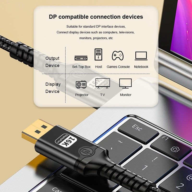 NÖRDIC 1 m nylonflettet DisplayPort 2.1 kabel DP80 UHBR20 80Gbps 16K/10K/8K@60Hz 4K@165/144Hz DSC 1.2a HDR HDCP 2.2 FreeSync G-Sync