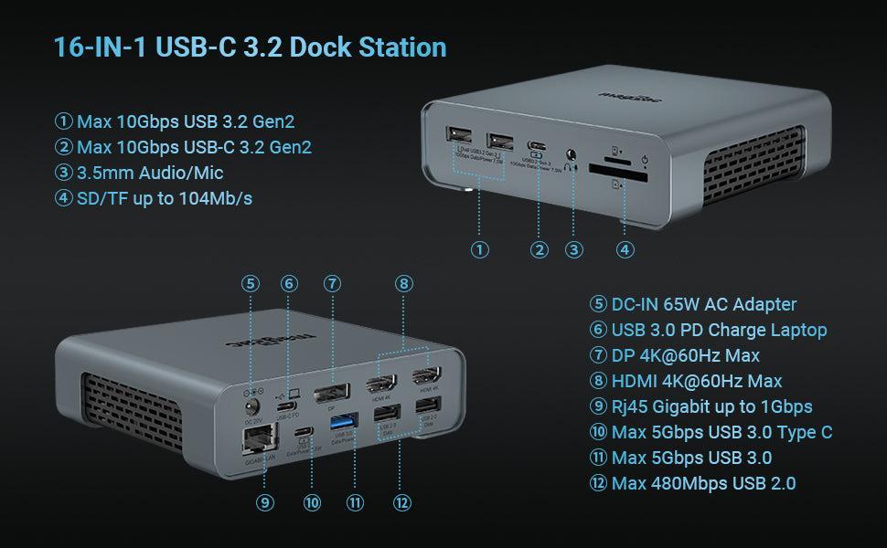 NÖRDIC 1 til 16 USB-C-dokkingstasjon trippelskjermer 2xHDMI 1xDP 4K60Hz 7xUSB 1xUSB-C PD65W 1xRJ45 1xAudio 1xSD 1xMicro SD Thunderbolt 3/4 USB4