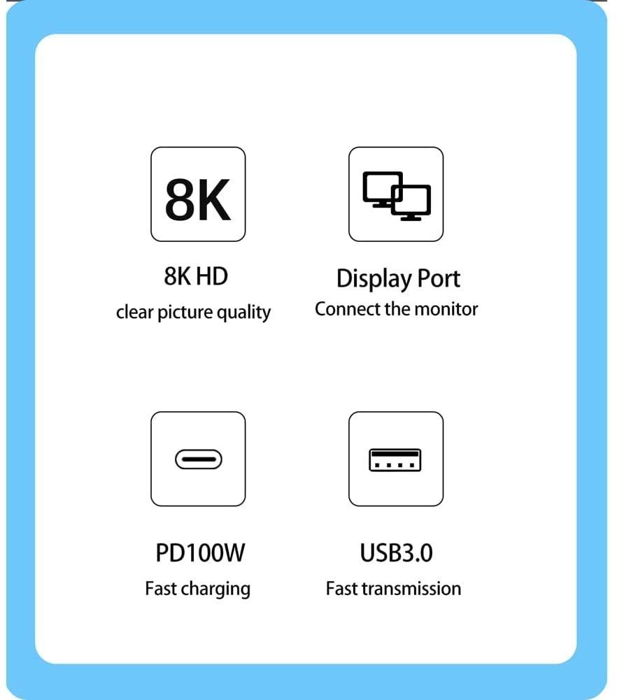 NÖRDIC 1 til 3 dokkingstasjon USBC til 1xDP 8K60Hz 1xUSBC 100W PD og 1xUSB-A 5Gbps