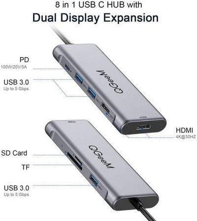 NÖRDIC 1 til 8 USB-C-dokkingstasjon 2xHDMI 4K30Hz 3xUSB-A 3.1 1xUSB-C PD100W 1xSD 1xMicroSD
