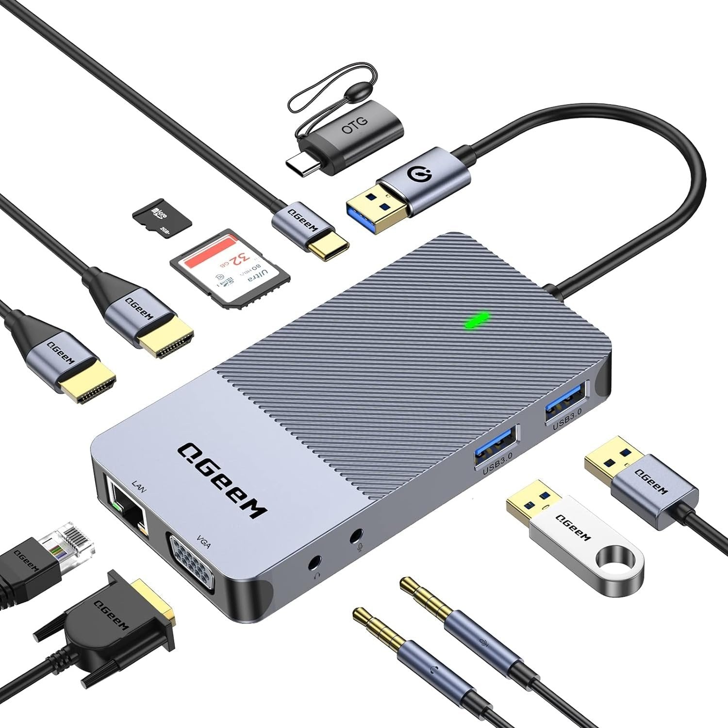 NÖRDIC 1 til 10 USB-A & C DisplayLink-dokkingstasjon 2xHDMI, 1xVGA, 2xUSB3.0, 1xRJ45, 2xSD/TF, 2x3,5 mm