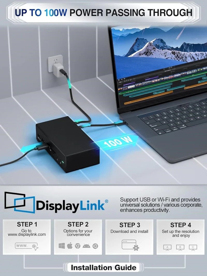 NÖRDIC 1 til 14 DisplayLink-dokkingstasjon 2xHDMI 1xVGA 5xUSB-A 1xUSB-C 100W PD 2x SD/TF-kortleser 2x3,5mm AUX