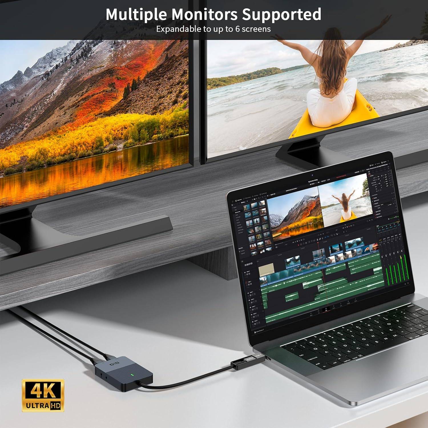 NÖRDIC 1 til 4 dokkingstasjon 2xHDMI 2K@60Hz USB-A og USB-C kompatibel med USB 4, Windows og Mac1
