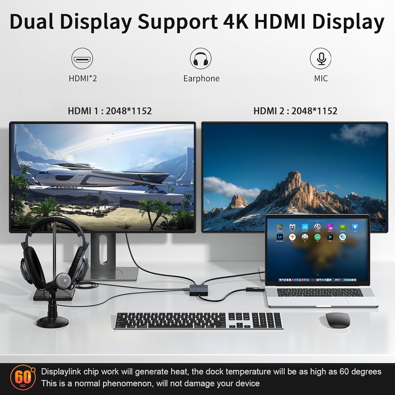 NÖRDIC 1 til 4 dokkingstasjon 2xHDMI 2K@60Hz USB-A og USB-C kompatibel med USB 4, Windows og Mac1
