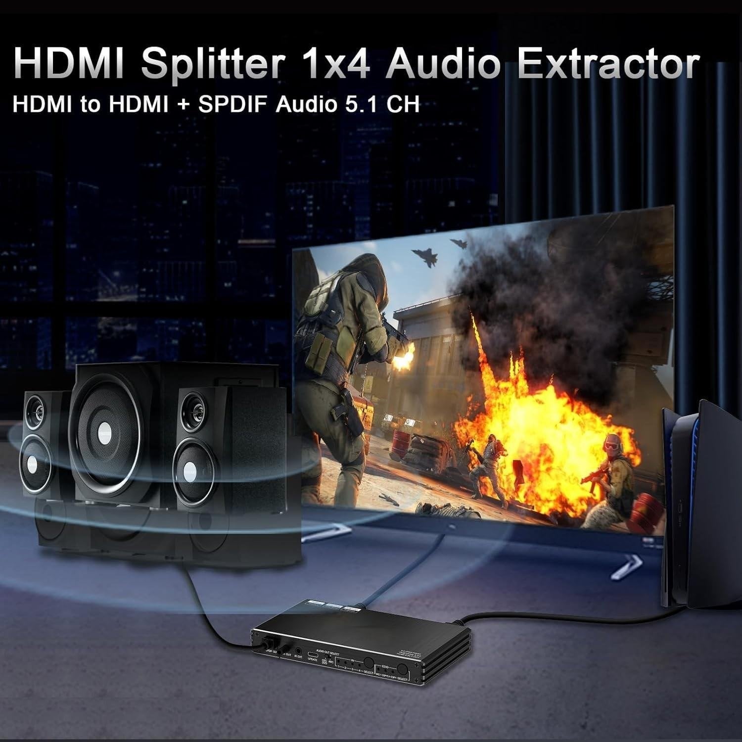 NÖRDIC 1 til 4 HDMI 2.1 Splitter 8K 60Hz 4K120Hz VRR Free-/G-Sync CEC, S/PDIF Extractor