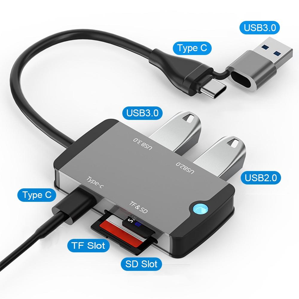 NÖRDIC 1 til 5 USB-dokkingstasjon og kortleser - SD, MicroSD/TF, 2x USB-A, 1xUSB-C