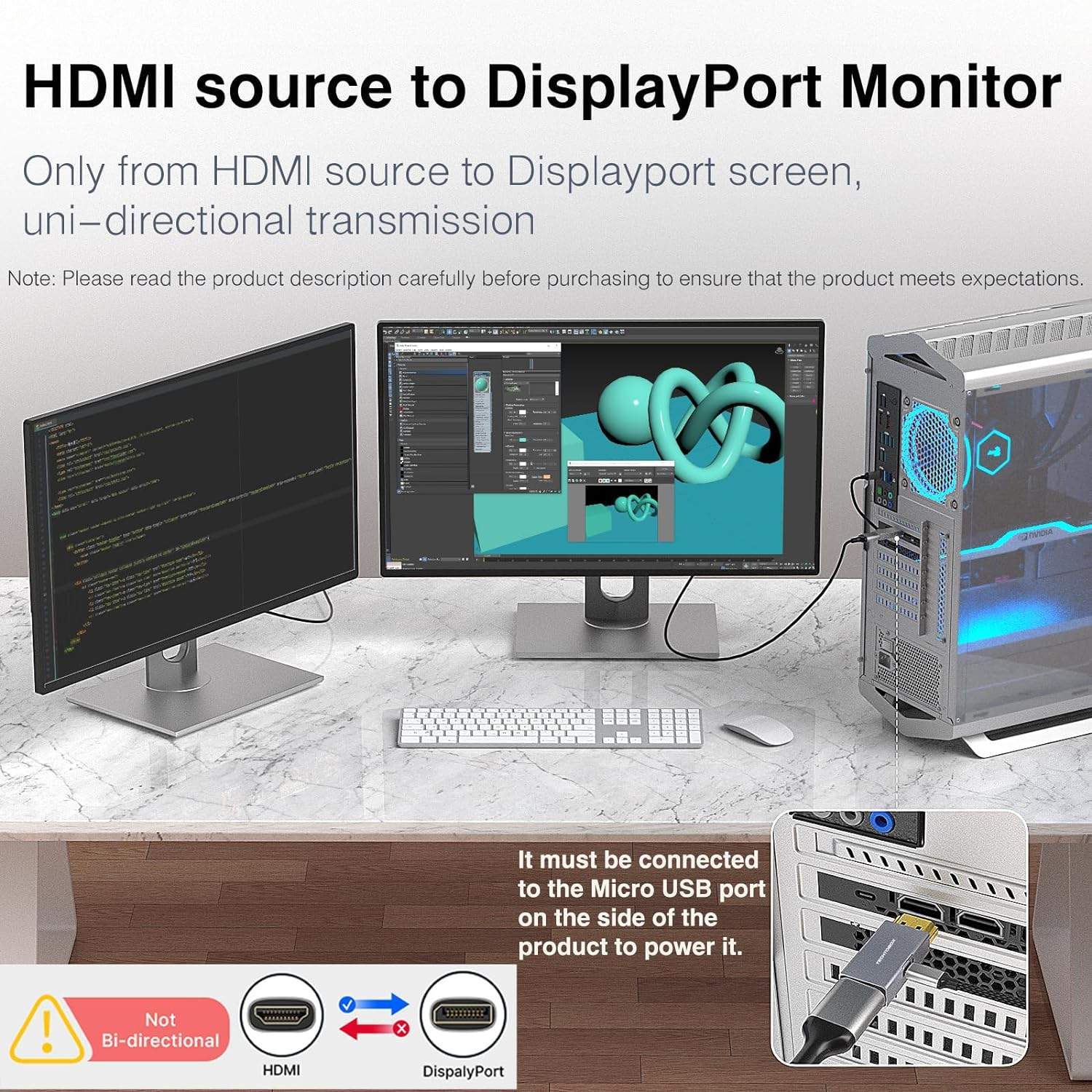 NÖRDIC 20cm Displayport til HDMI 4K60Hz Dynamic HDR 18Gbps