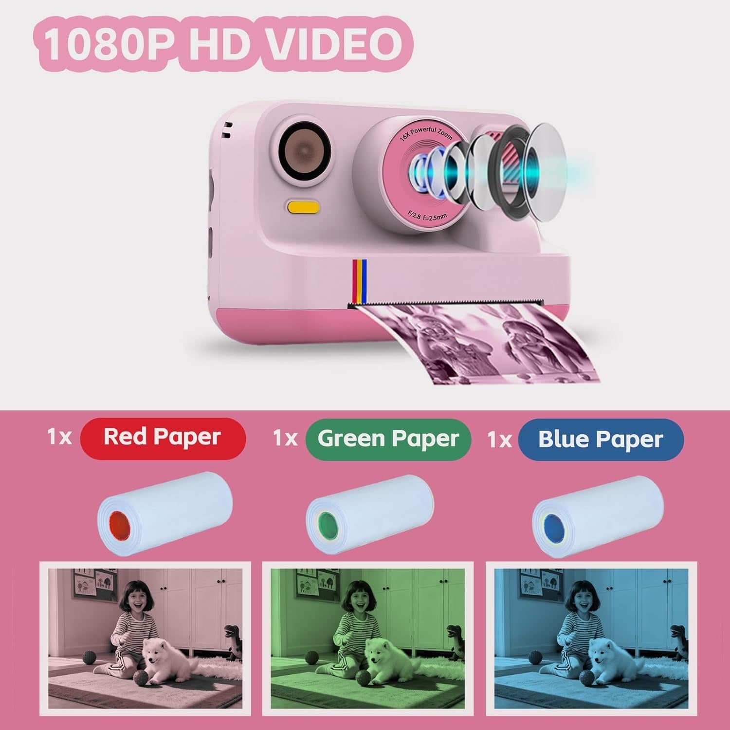 NÖRDIC 2,4" HD Instant-kamera, Mini kamera med fotoutskrift/videoinnspilling, kompatibel app, Rosa