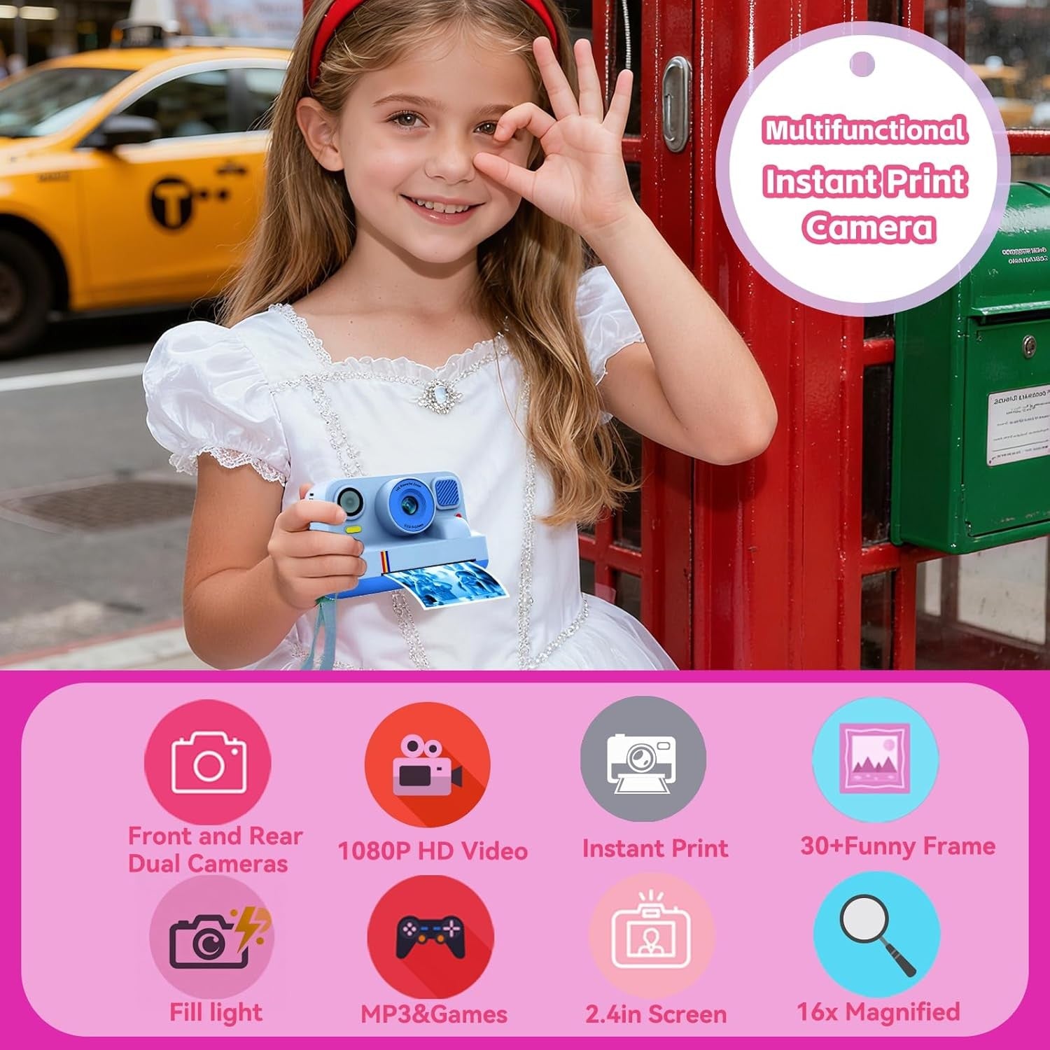NÖRDIC 2,4" HD Instant-kamera, Mini kamera med fotoutskrift/videoinnspilling, kompatibel app, Rosa