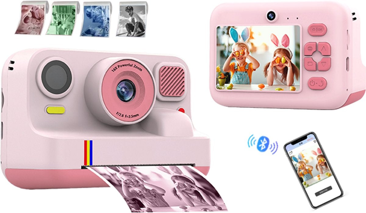 NÖRDIC 2,4" HD Instant-kamera, Mini kamera med fotoutskrift/videoinnspilling, kompatibel app, Rosa