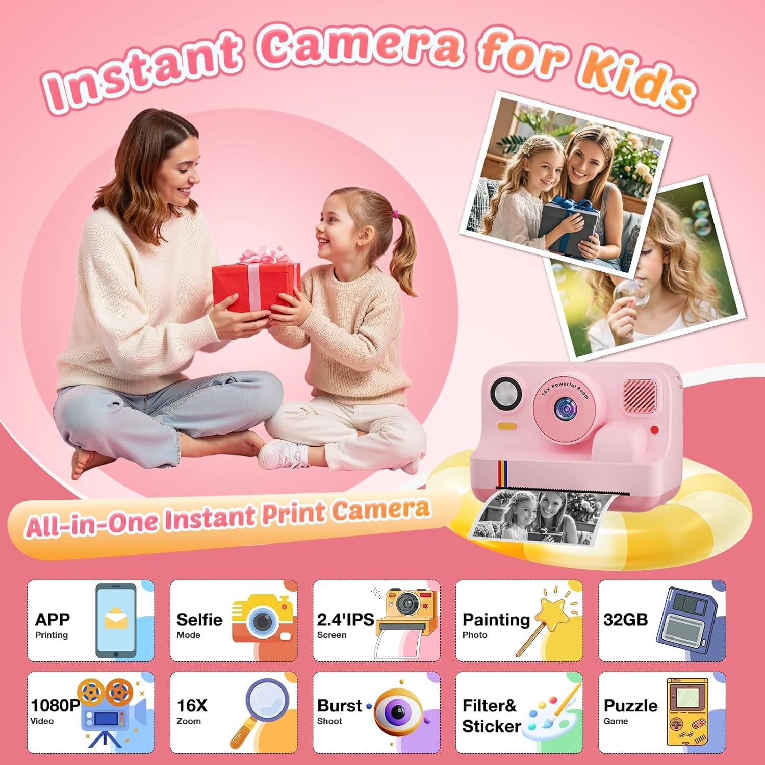 NÖRDIC 2,4" HD Instant-kamera, Mini kamera med fotoutskrift/videoinnspilling, kompatibel app, Blå
