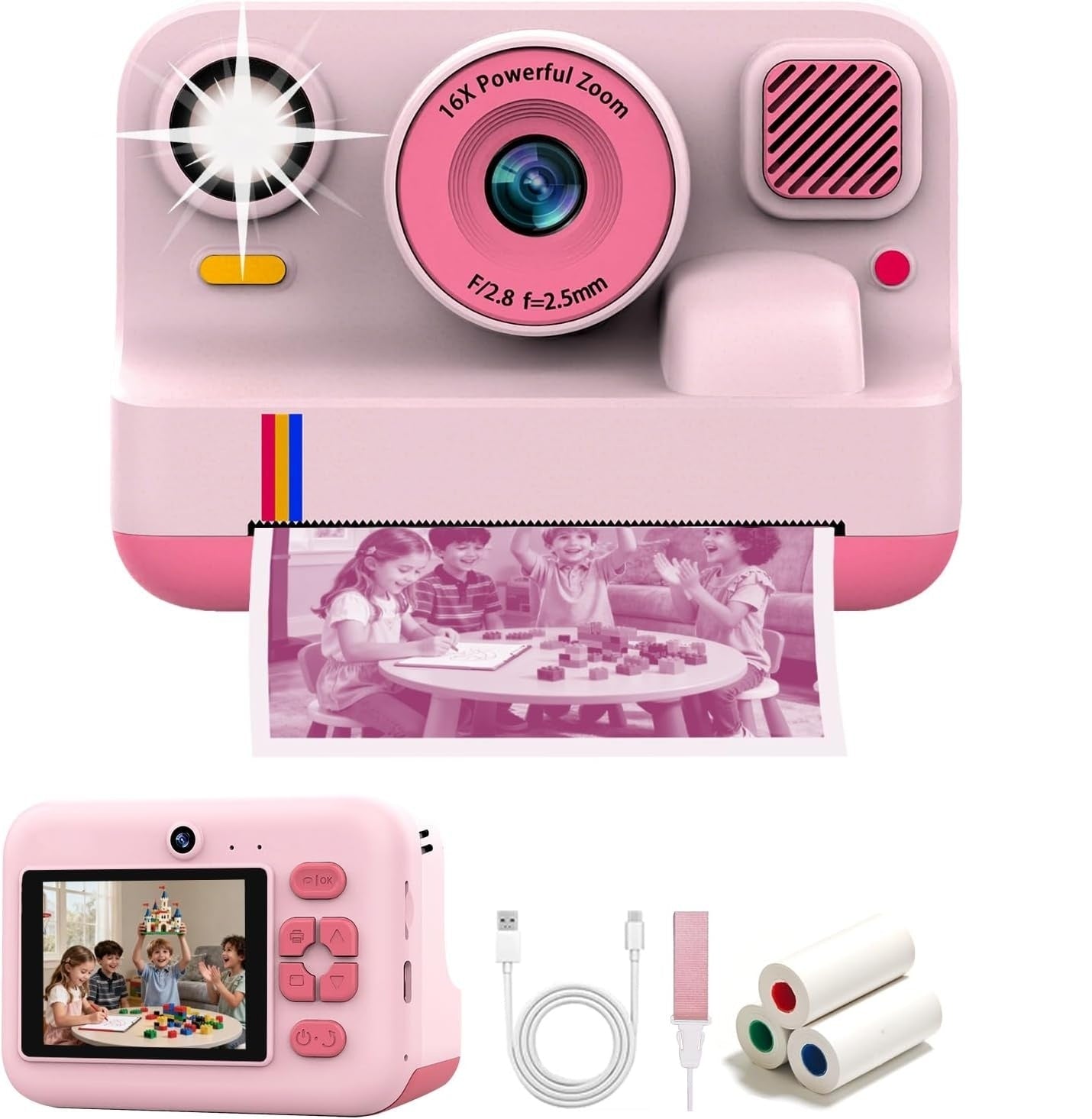 NÖRDIC 2,4" HD Instant-kamera, Mini kamera med fotoutskrift/videoinnspilling, kompatibel app, Rosa