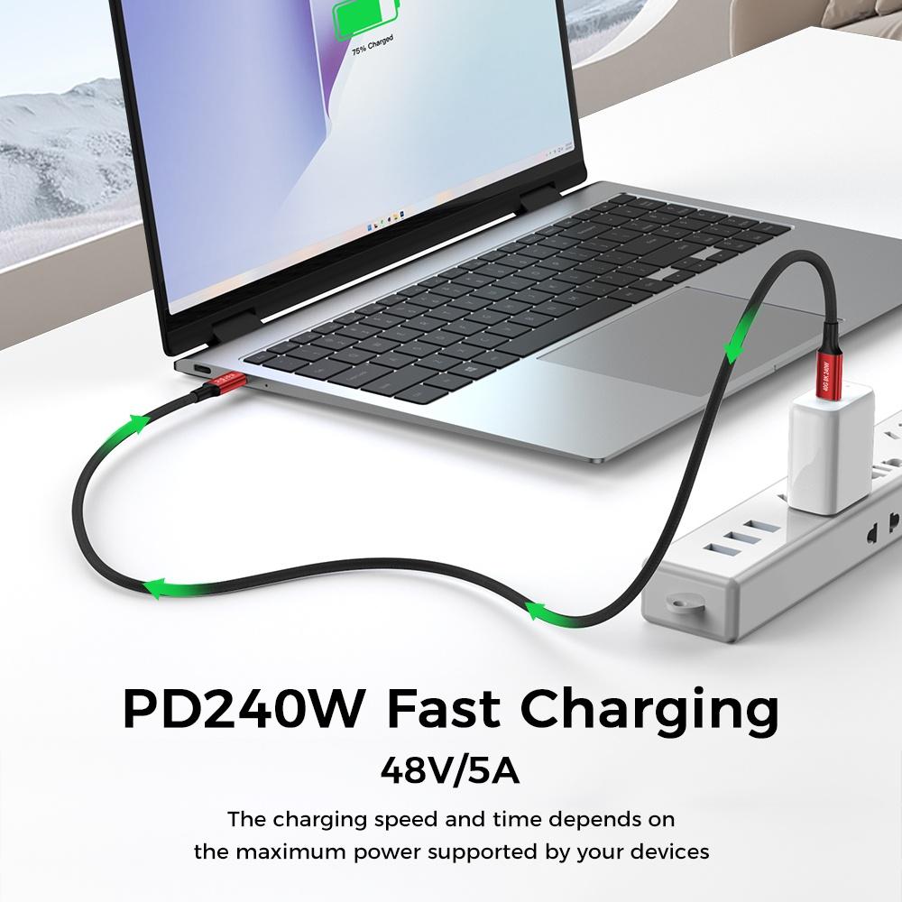 NÖRDIC 25cm USB4 USB-C till C nylonflätad kabel PD3.1 med 240W snabbladdning 40G 8K60Hz 4K120Hz 5K60Hz 2x4K60Hz Emarker